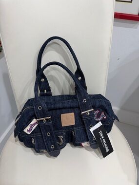 True Religion Navy Dark Denim Patchwork Shoulder  Bag